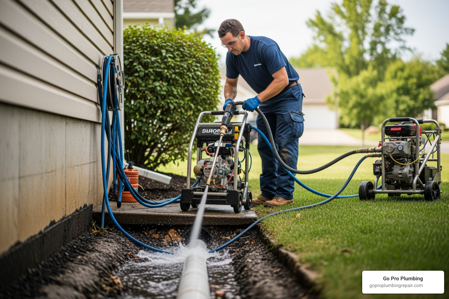 Technician using high-pressure hydro-jetting equipment to clear a stubborn sewer line blockage - Local plumber Sacramento