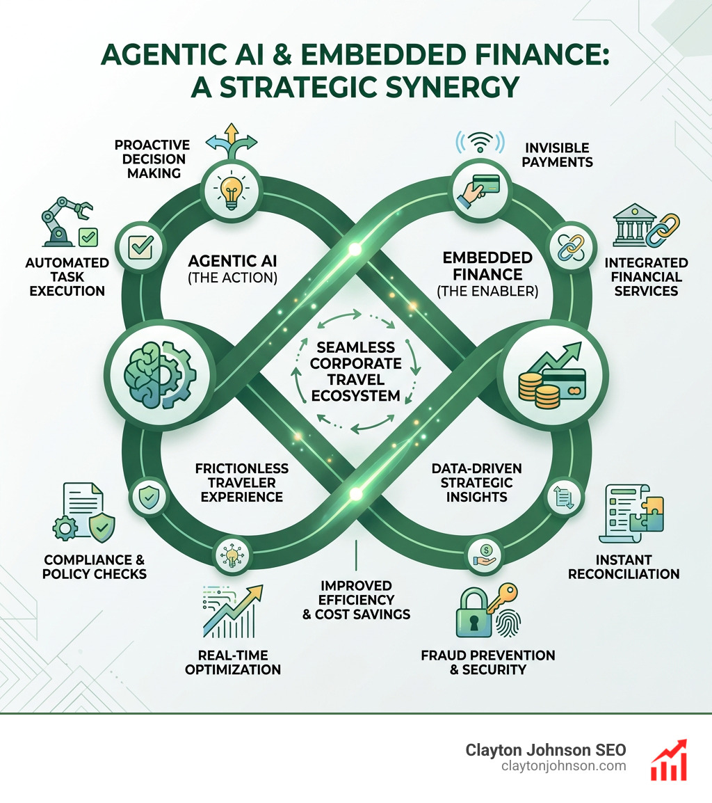 Infographic showing the synergy between Agentic AI and Embedded Finance - ai marketing for corporate travel managers