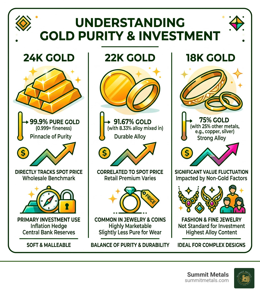 Infographic comparing 24K, 22K, and 18K gold purity, spot price relationship, and investment use - 24 gold rate today