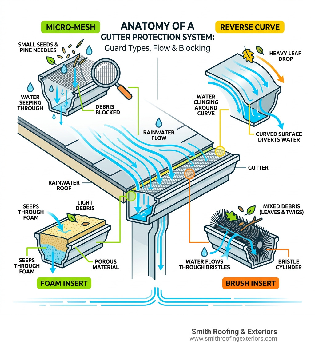 Anatomy of a gutter protection system showing guard types, water flow, and debris blocking - gutter guards infographic Anatomy of a gutter protection system showing guard types, water flow, and debris blocking - gutter guards infographic