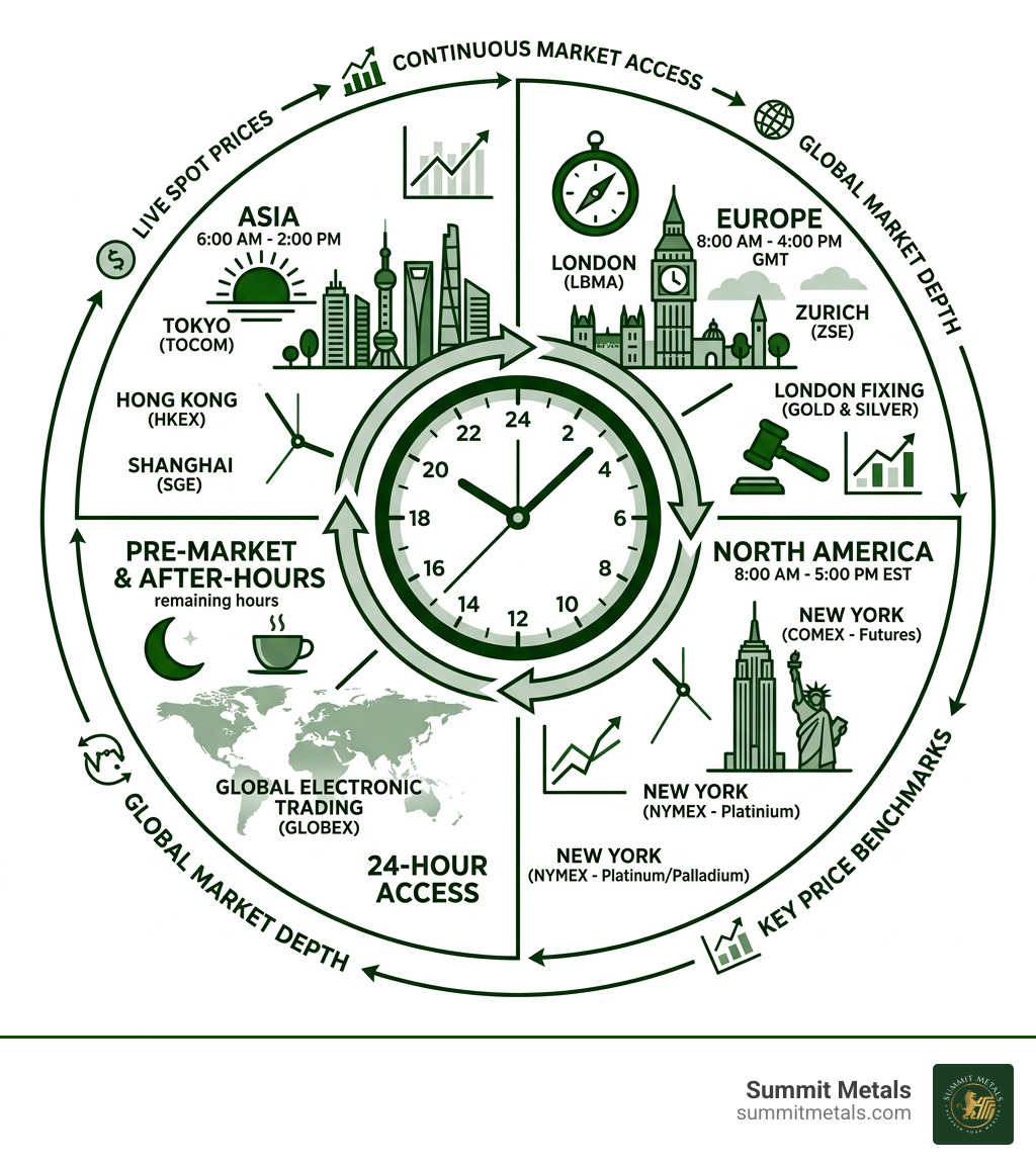 Infographic showing the 24-hour global precious metals trading cycle with key exchanges and price benchmarks - real-time