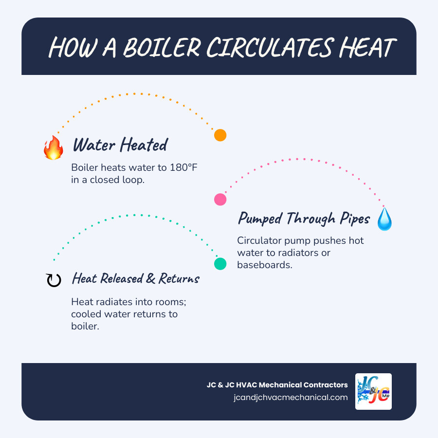 Infographic showing how a residential boiler system circulates heat through radiators and pipes in a home - boiler