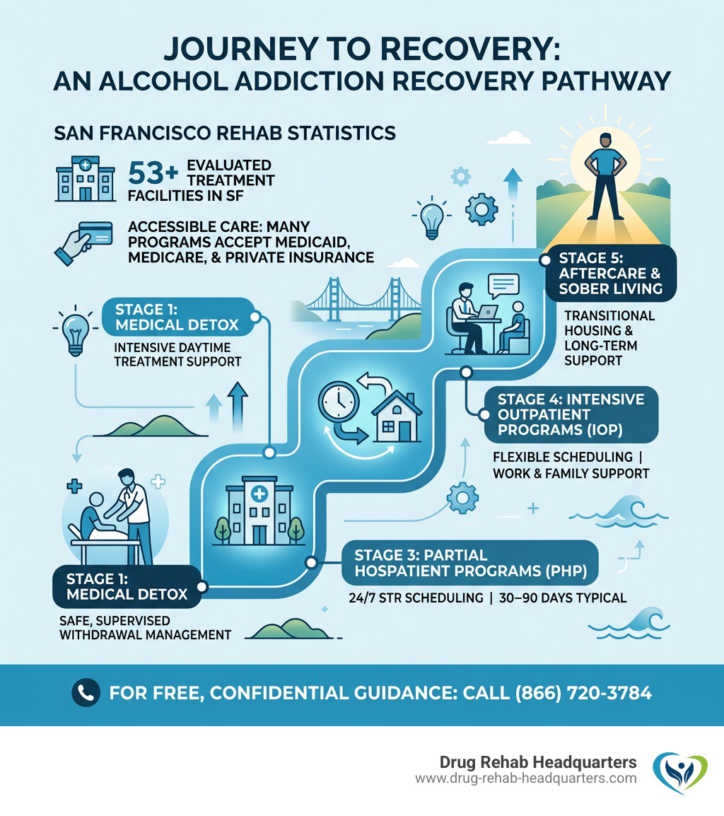 Infographic showing stages of addiction recovery from detox to aftercare with San Francisco rehab statistics - alcohol rehab