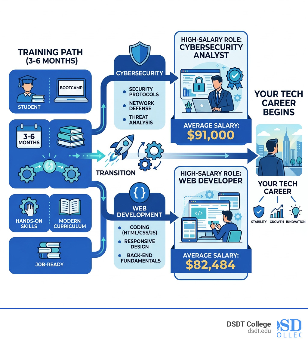 Infographic showing transition from 3-6 month tech training to high-salary roles like cybersecurity and web development Infographic showing transition from 3-6 month tech training to high-salary roles like cybersecurity and web development