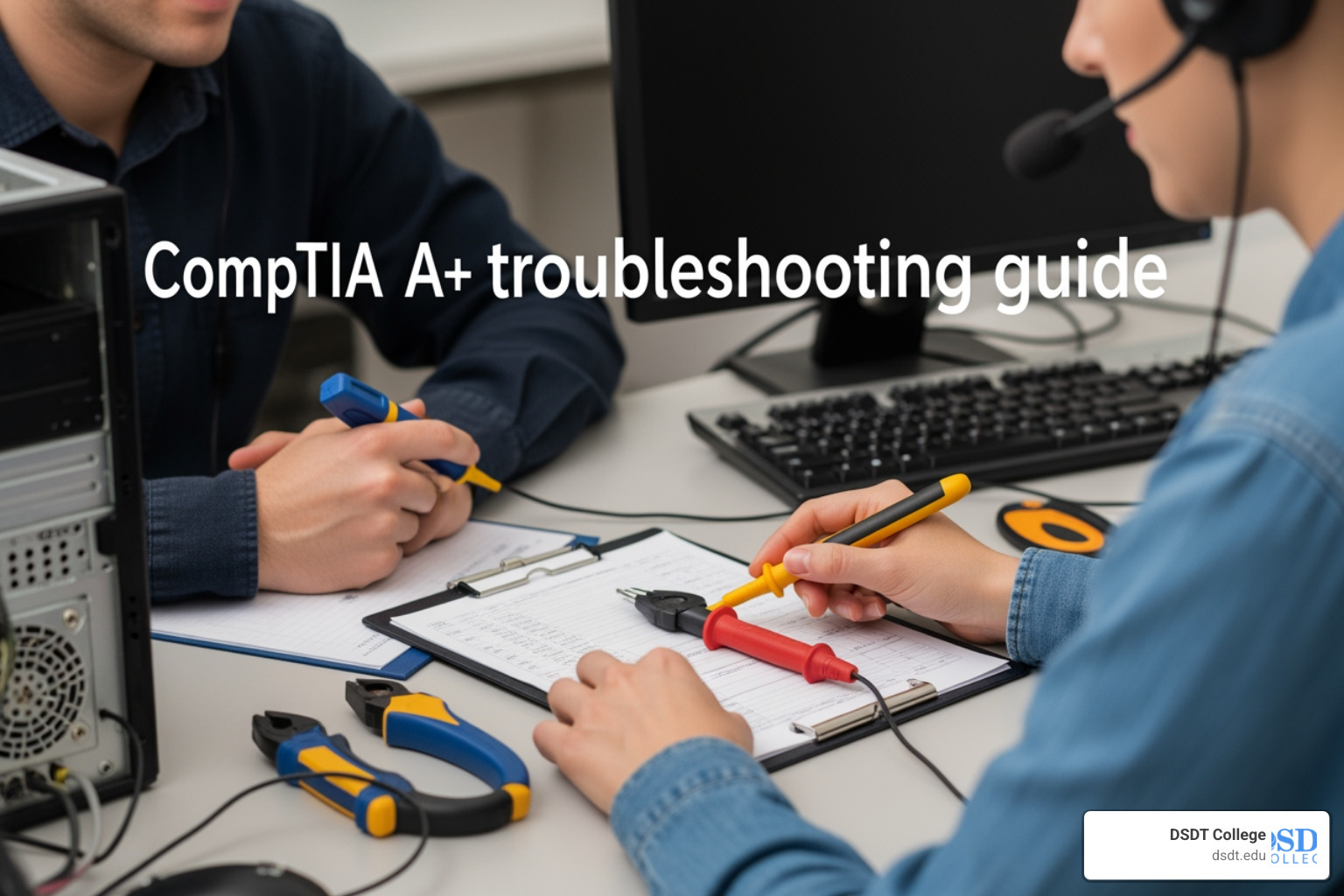 IT technician taking detailed notes while interviewing an office worker about a computer issue - CompTIA A+ troubleshooting