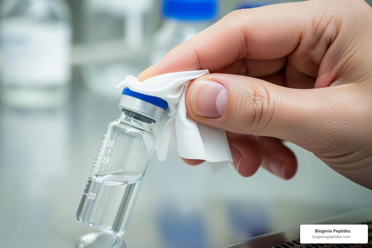 Close-up of a hand using an alcohol wipe to clean the top of a peptide vial - tb 500 injection protocol guide