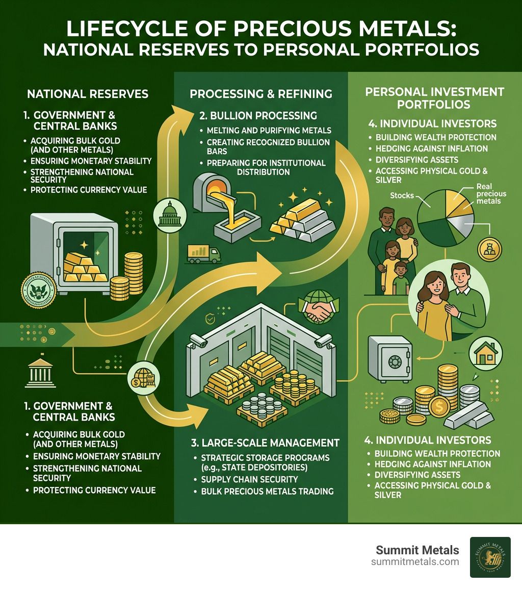 Lifecycle of precious metals from national reserves to personal investment portfolio - precious metals reserve program