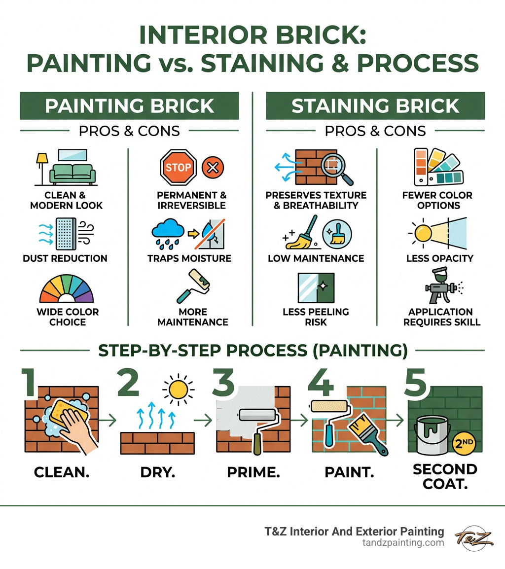 Pros and cons of painting vs. staining interior brick, plus step-by-step process overview - painting interior brick walls