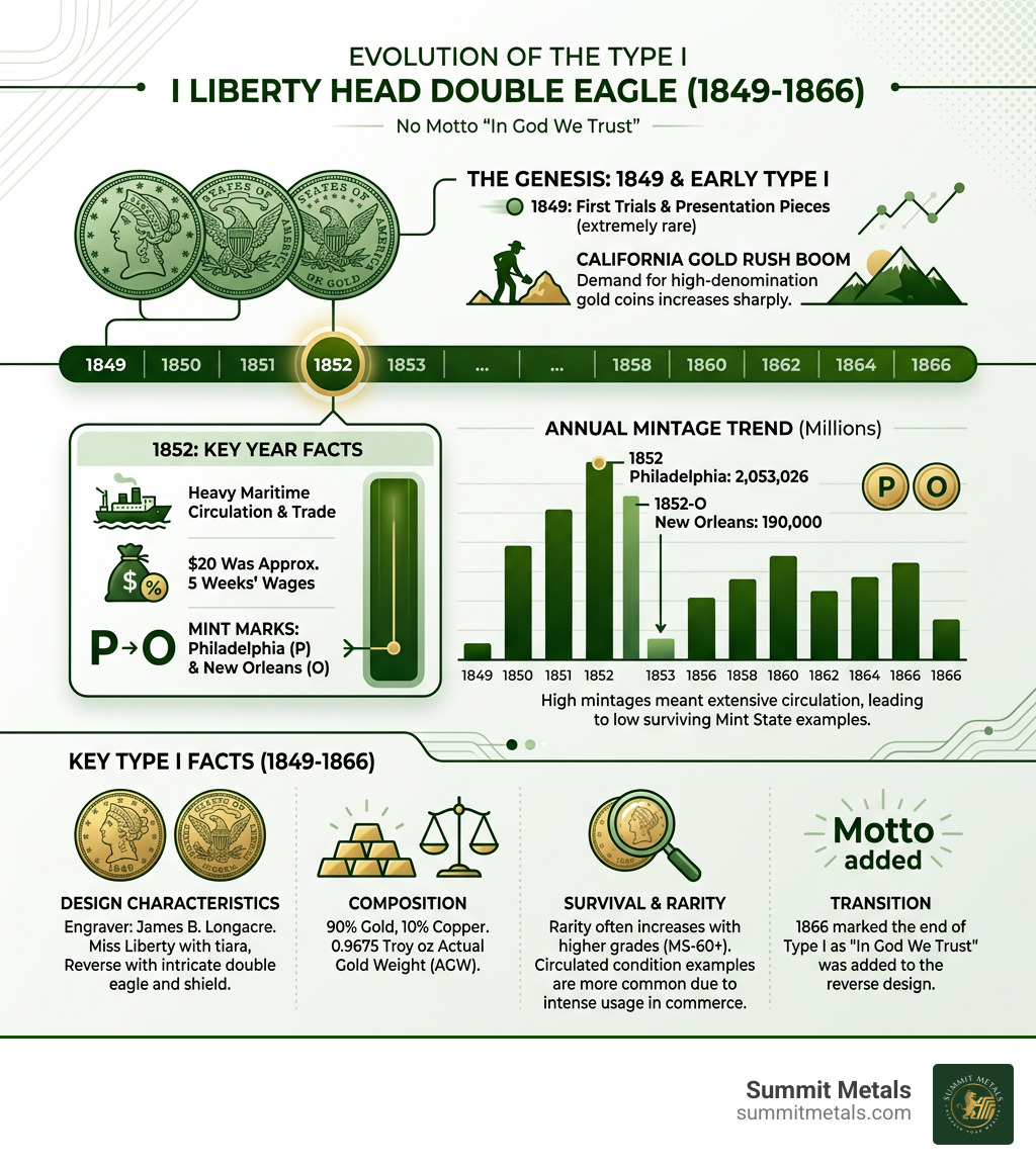 Infographic: Type I Liberty Head Double Eagle 1849-1866 evolution, mintage, and key facts - 1852 double eagle gold coin