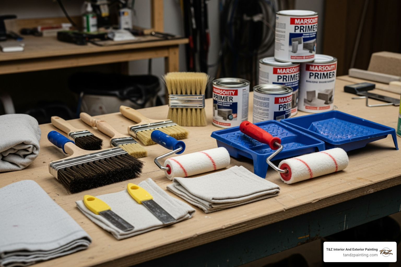 Essential masonry painting tools including stiff brushes, high-nap rollers, and masonry primer - painting interior brick