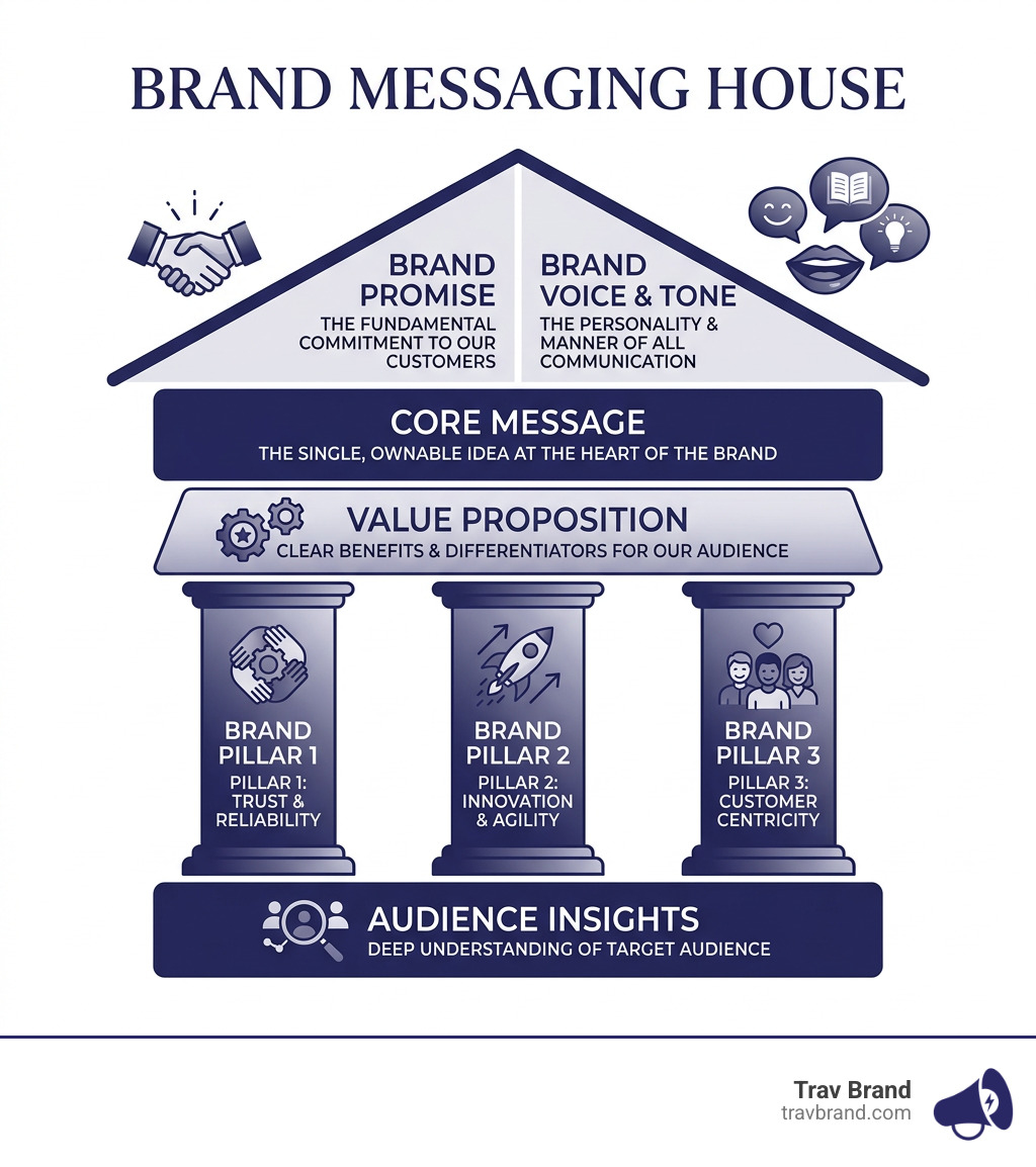 Brand Messaging House framework showing core message, value proposition, brand pillars, voice, and promise - brand messaging Brand Messaging House framework showing core message, value proposition, brand pillars, voice, and promise - brand messaging