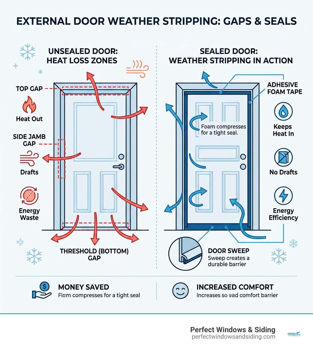 Infographic showing heat loss zones around an unsealed exterior door and how weather stripping blocks each gap - exterior