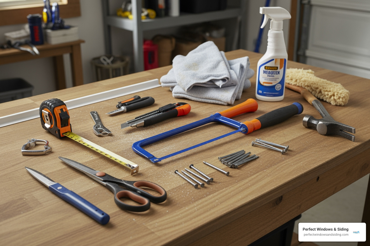 DIY weather stripping tool kit including a tape measure, utility knife, hacksaw, and cleaning supplies - exterior door