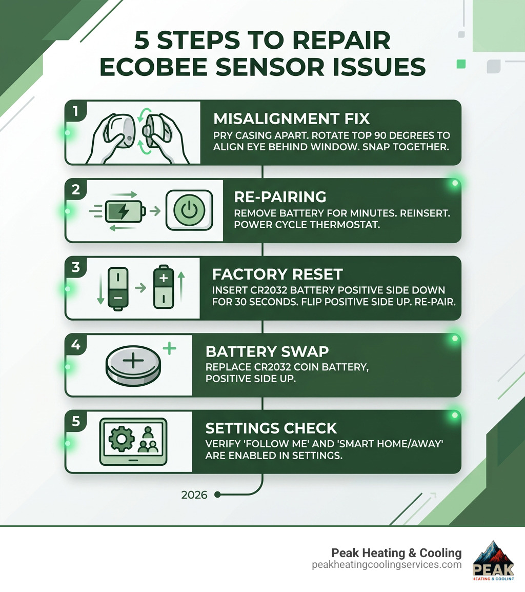 Infographic showing 5 steps to repair ecobee sensor issues: misalignment fix, re-pairing, factory reset, battery swap, and