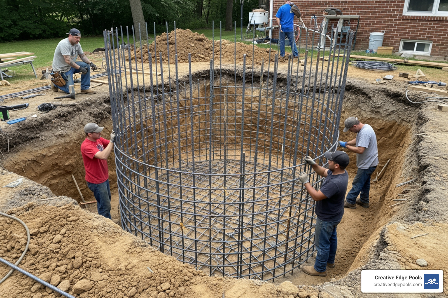 steel rebar cage being installed inside an old vinyl pool excavation - cost to replace pool liner with gunite