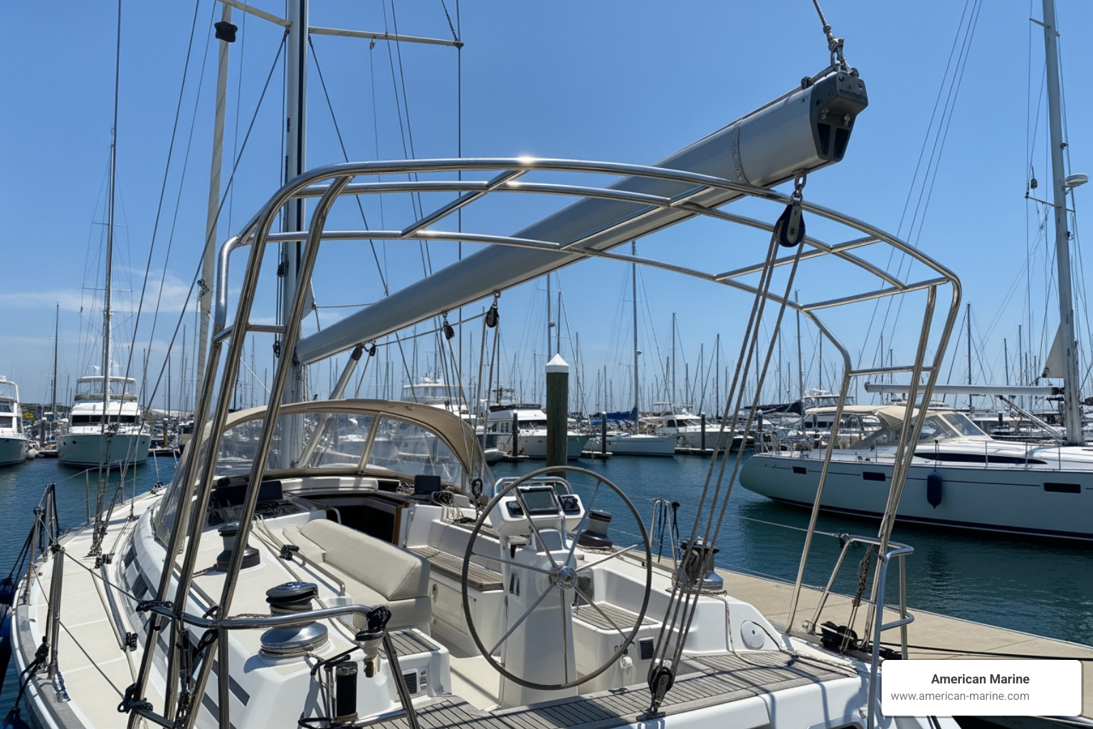 Custom 316L stainless steel bimini frame installed on a large sailing yacht cockpit - bimini top for sailboat