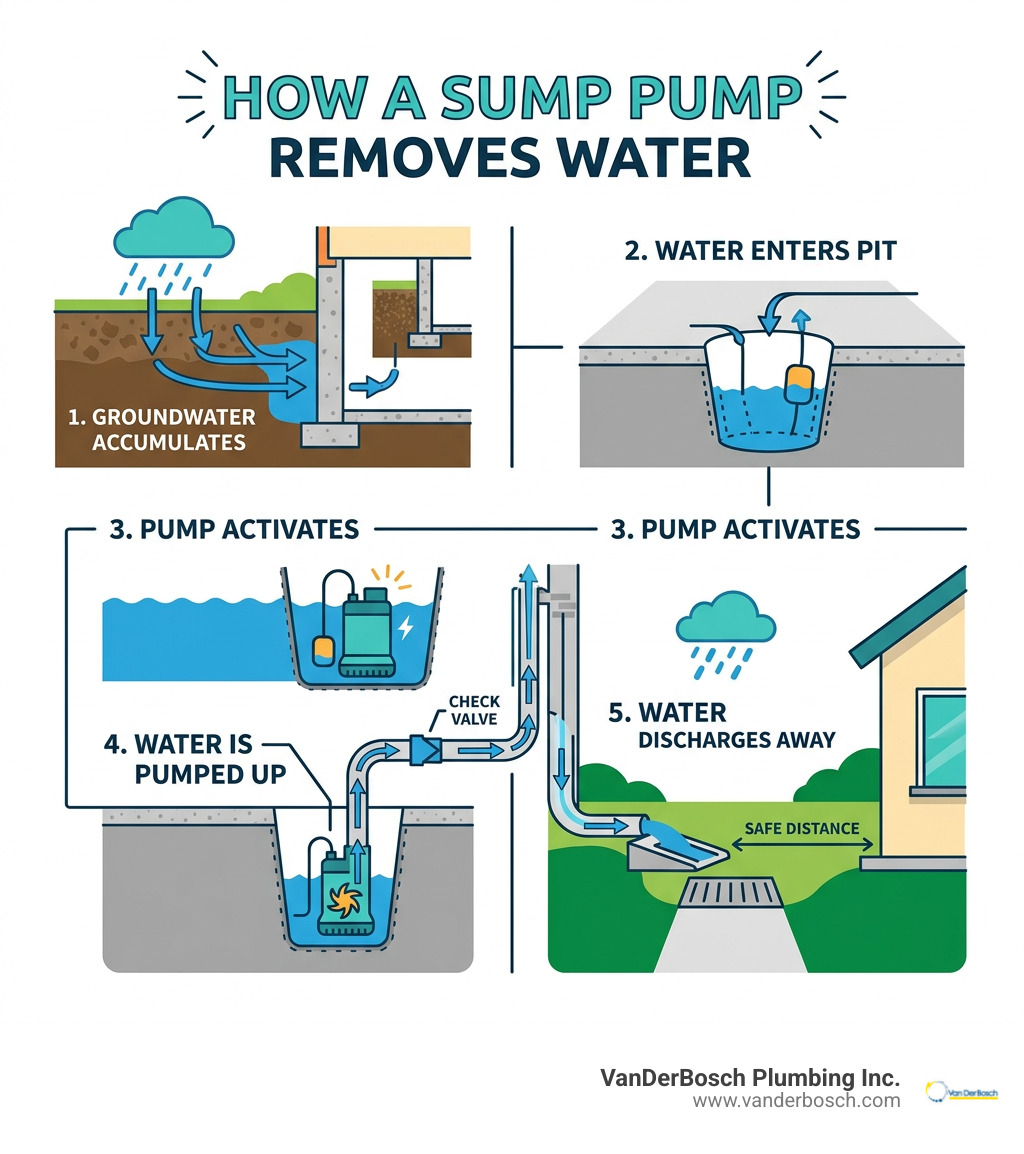 Infographic showing how a sump pump removes water from a home's foundation step by step - sump pump repair company Infographic showing how a sump pump removes water from a home's foundation step by step - sump pump repair company