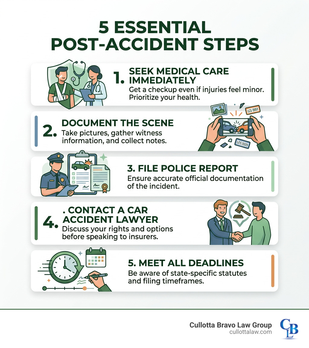 Post-accident steps infographic: seek medical care, document scene, file police report, contact a lawyer, meet deadlines