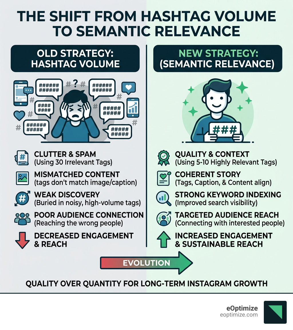 Infographic showing the shift from hashtag volume to semantic relevance in Instagram strategy - hashtag strategy instagram