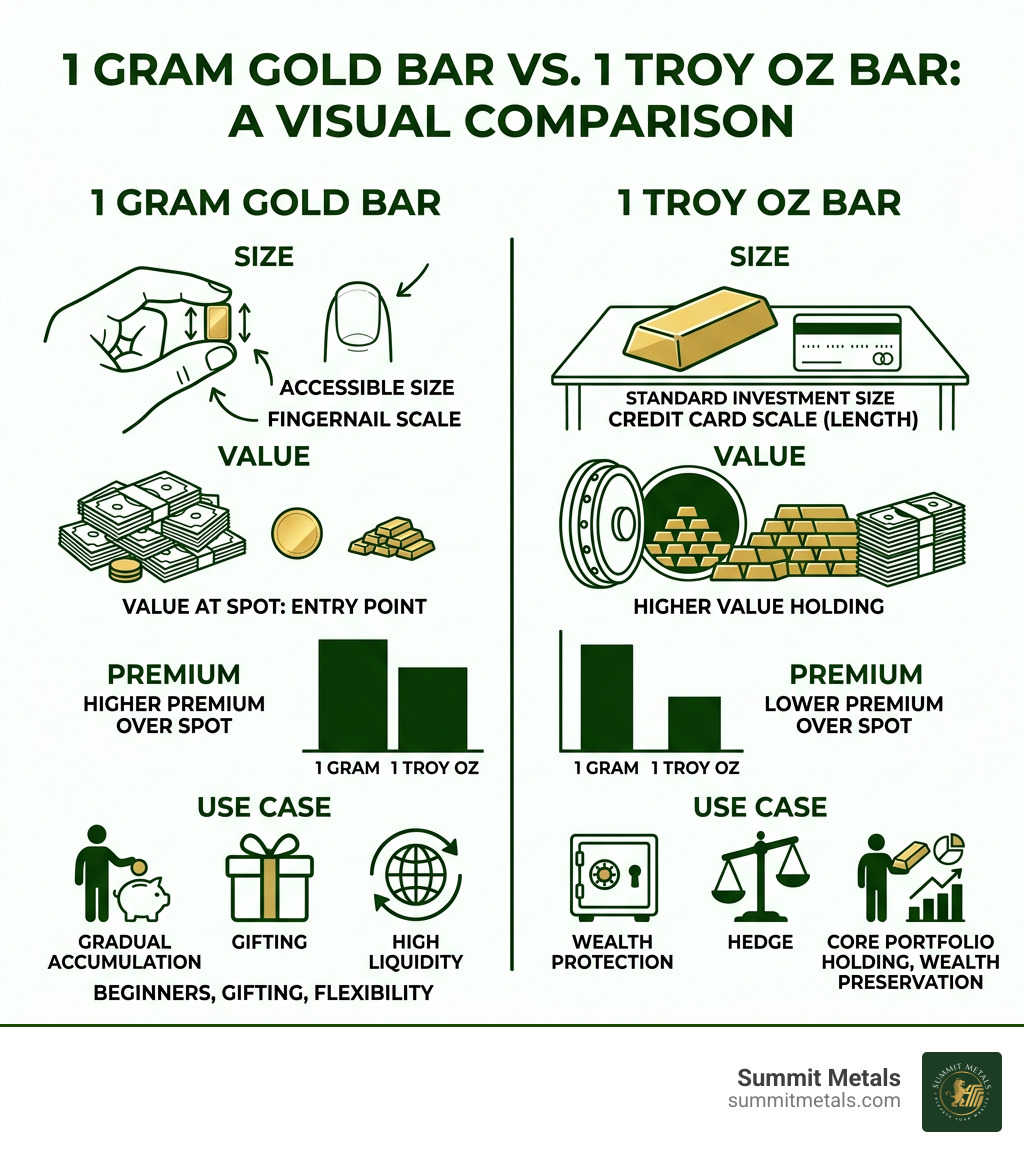 Infographic comparing 1 gram gold bar vs 1 troy oz bar: size, value, premium, and use case - 1 gram gold bullion bars