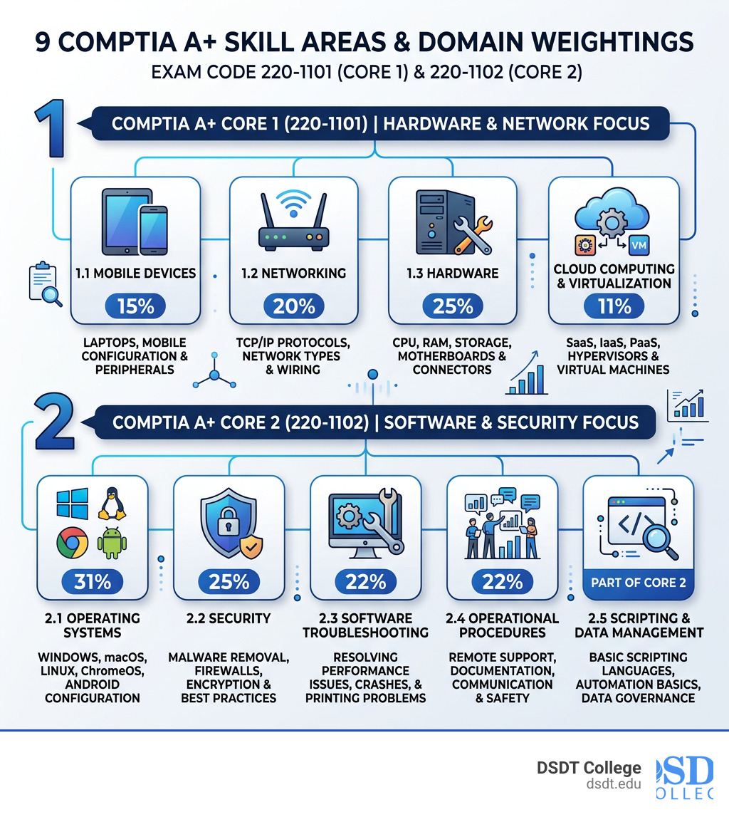 Infographic showing the 9 CompTIA A+ skill areas with Core 1 and Core 2 domain weightings - CompTIA A software skills Infographic showing the 9 CompTIA A+ skill areas with Core 1 and Core 2 domain weightings - CompTIA A software skills