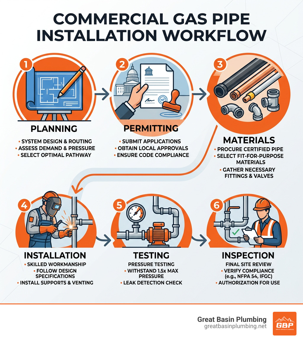 Commercial gas pipe installation workflow: planning, permitting, materials, installation, testing, inspection - commercial