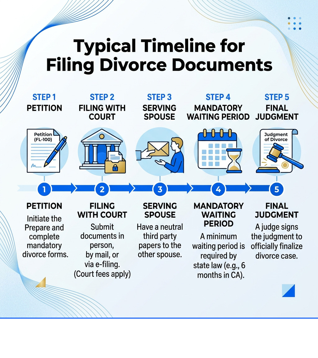 Divorce document filing timeline infographic showing steps from petition to final judgment - Divorce Document Filing