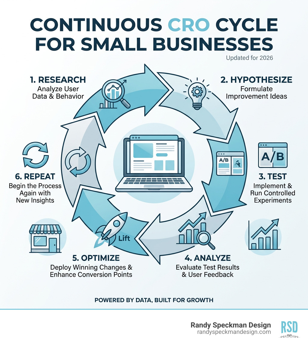 Infographic showing the continuous CRO cycle for small businesses: Research, Hypothesize, Test, Analyze, Optimize, Repeat