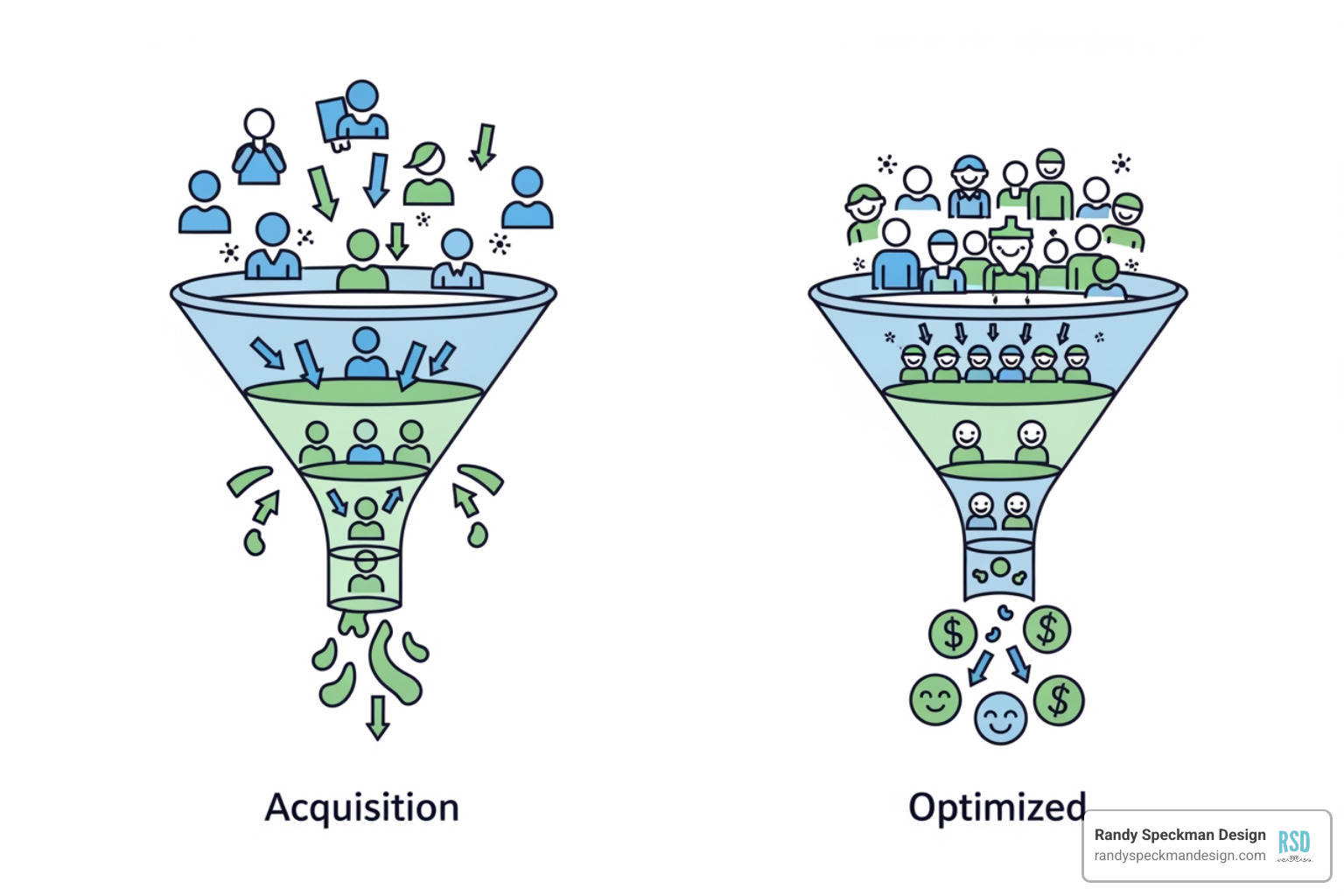 Graphic showing a funnel where traffic enters the top and conversions exit the bottom, illustrating the difference between