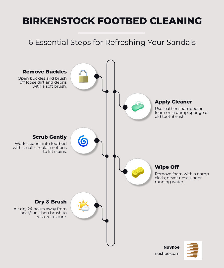 Infographic showing 6-step Birkenstock footbed cleaning process with drying and brushing tips - Birkenstock footbed cleaning