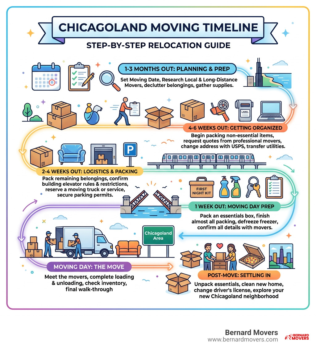 Moving timeline infographic for Chicagoland area relocations step by step - Movers Chicagoland area infographic 