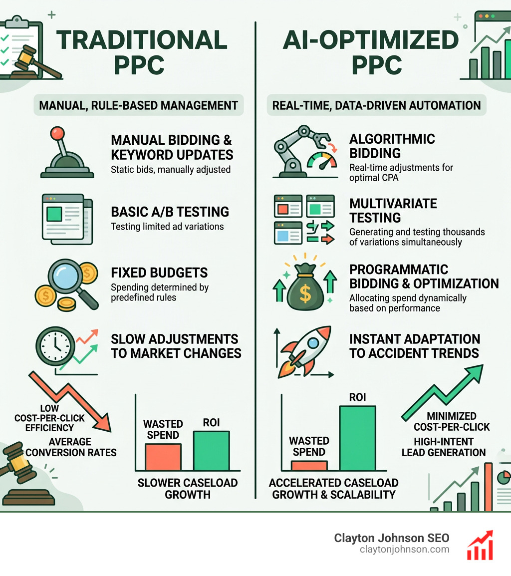 Infographic showing the difference between traditional PPC and AI-optimized PPC for law firms - ai marketing for personal