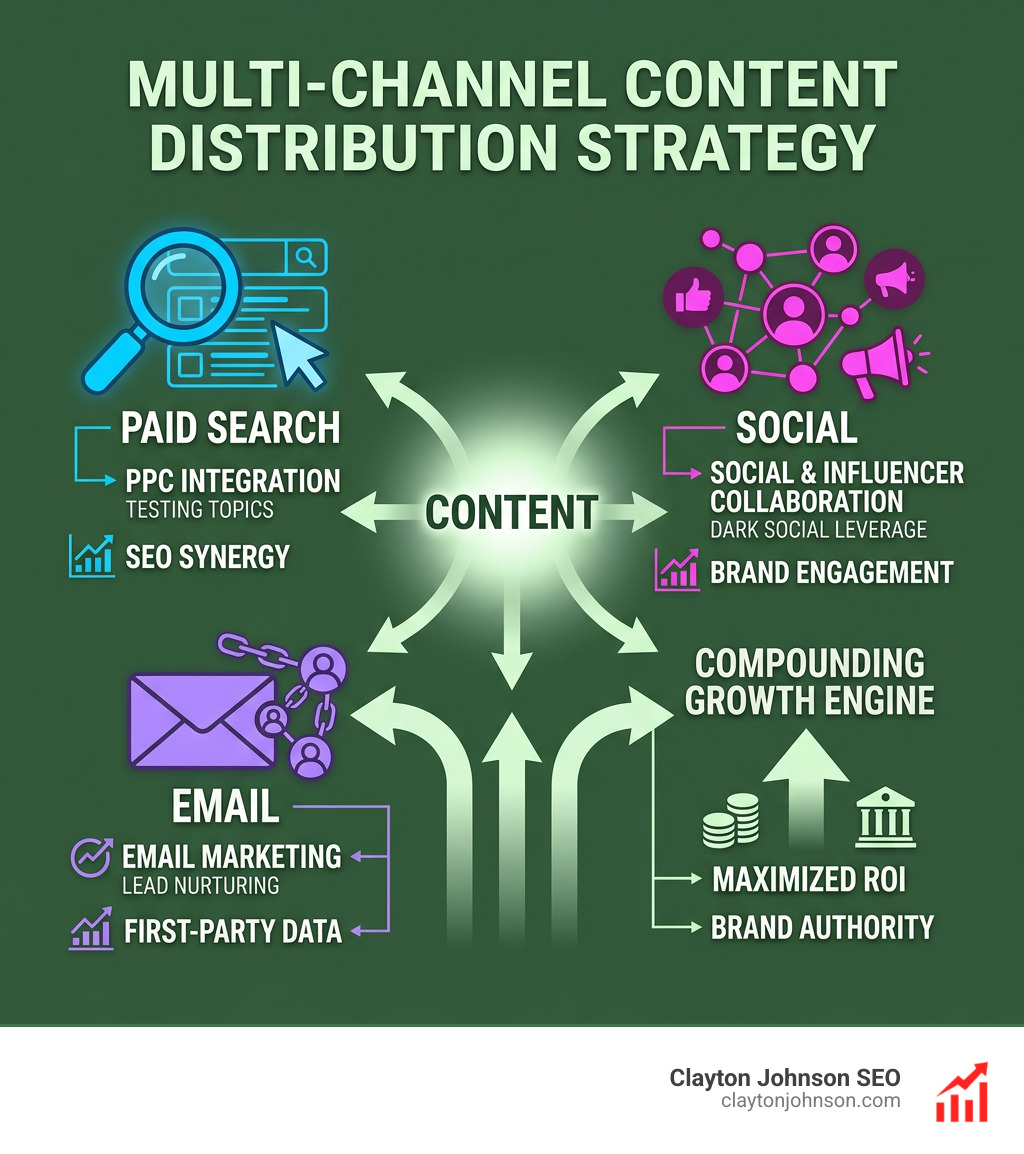Infographic displaying a multi-channel content distribution strategy including Paid Search, Social, and Email - top content