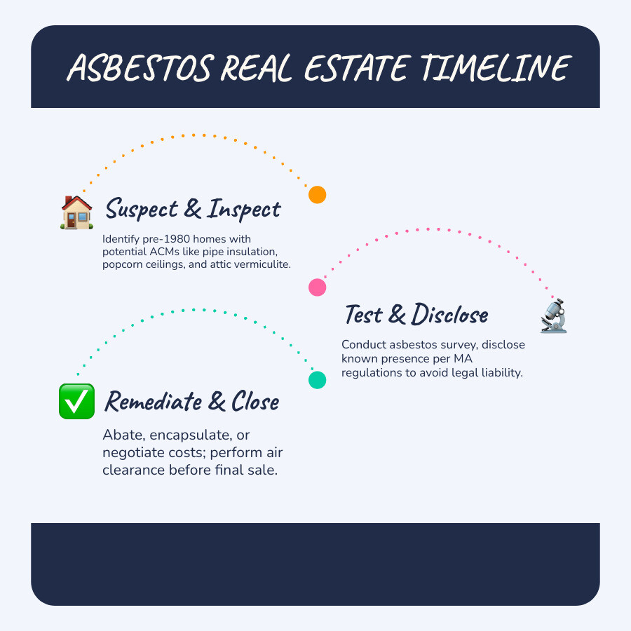 Asbestos real estate timeline from inspection to closing with key decision points - asbestos real estate infographic