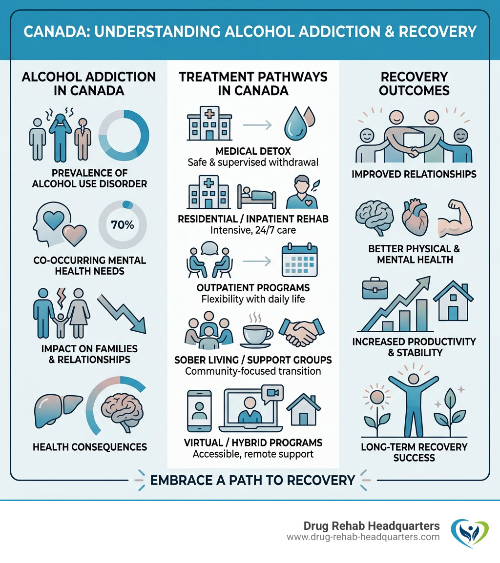 Infographic showing Canadian alcohol addiction statistics, treatment types, and recovery outcomes - alcohol rehab Canada