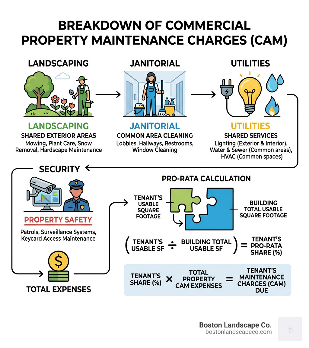 Infographic showing components of commercial property maintenance charges including landscaping, janitorial, utilities