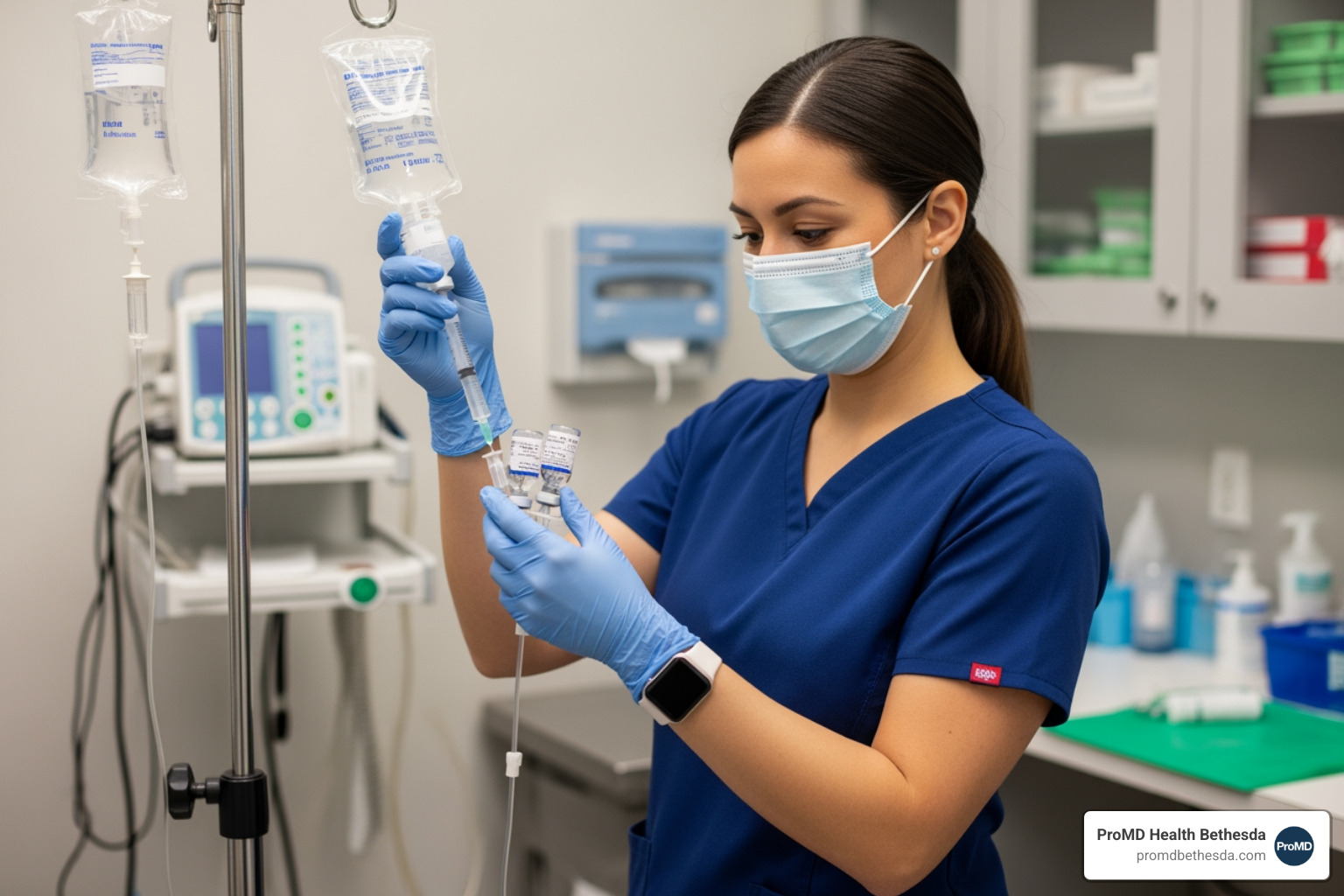 Nurse preparing a customized vitamin IV bag in a sterile clinic environment - who can administer iv therapy Nurse preparing a customized vitamin IV bag in a sterile clinic environment - who can administer iv therapy