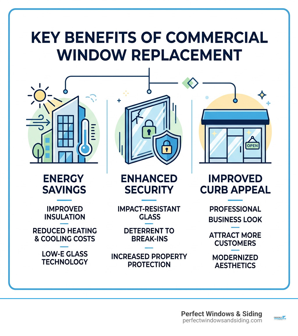 infographic showing benefits of commercial window replacement including energy savings, security, and curb appeal - business