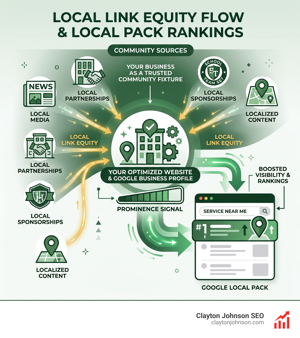 infographic explaining local link equity flow from community sites to Google Local Pack rankings - Local SEO backlink