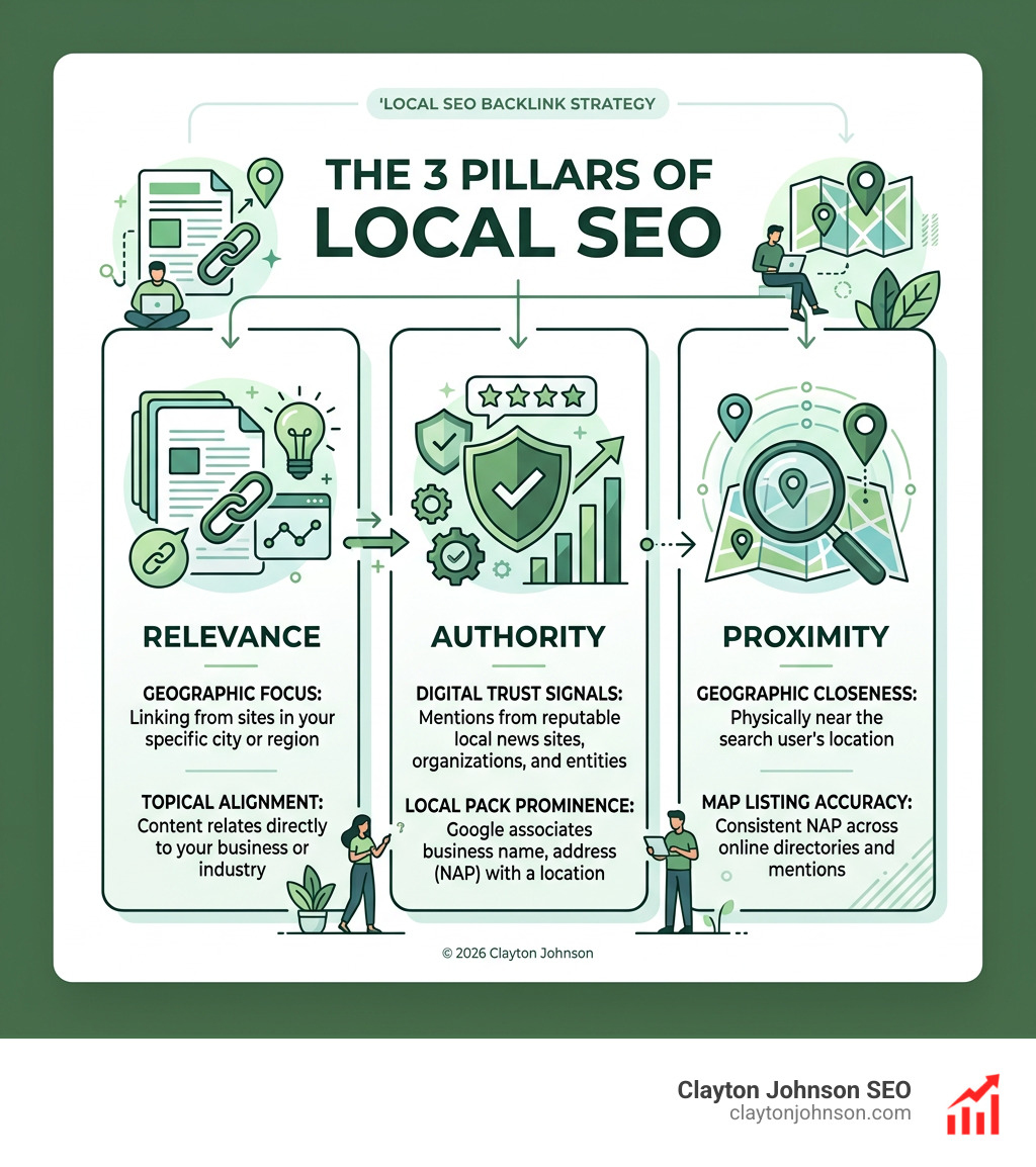 infographic showing the three pillars of local SEO quality relevance authority and proximity - Local SEO backlink building