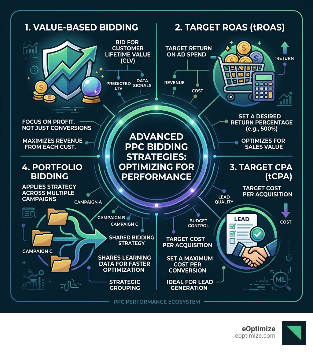 Overview infographic of advanced PPC bidding strategies including value-based, Target ROAS, Target CPA, and portfolio