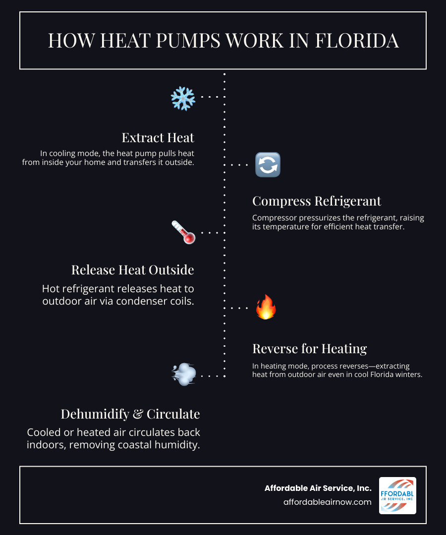 Infographic explaining how heat pumps provide both heating and cooling in Florida - best heat pump installation services in Infographic explaining how heat pumps provide both heating and cooling in Florida - best heat pump installation services in