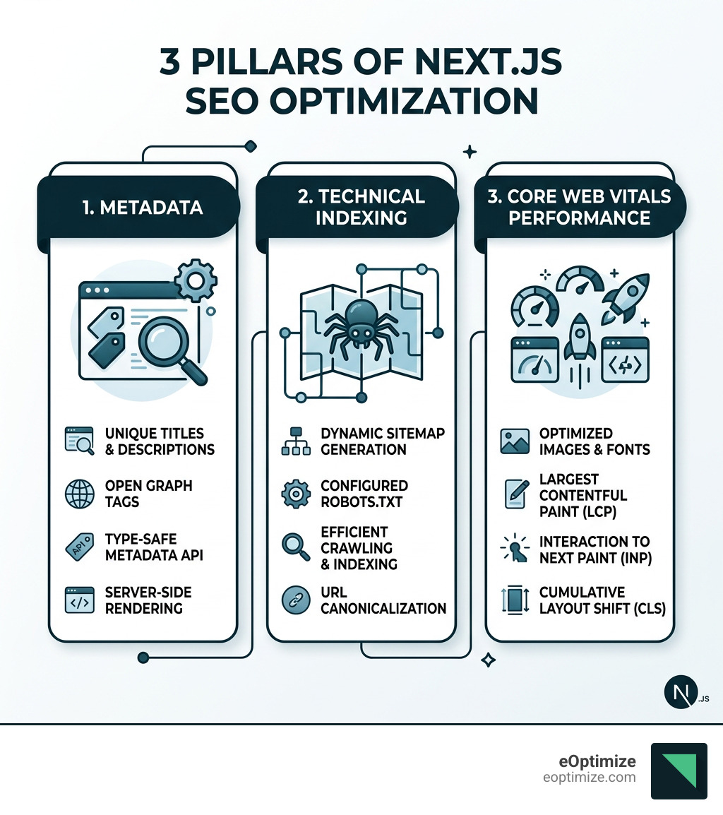 Three pillars of Next.js SEO optimization: metadata, technical indexing, and Core Web Vitals performance - next js seo