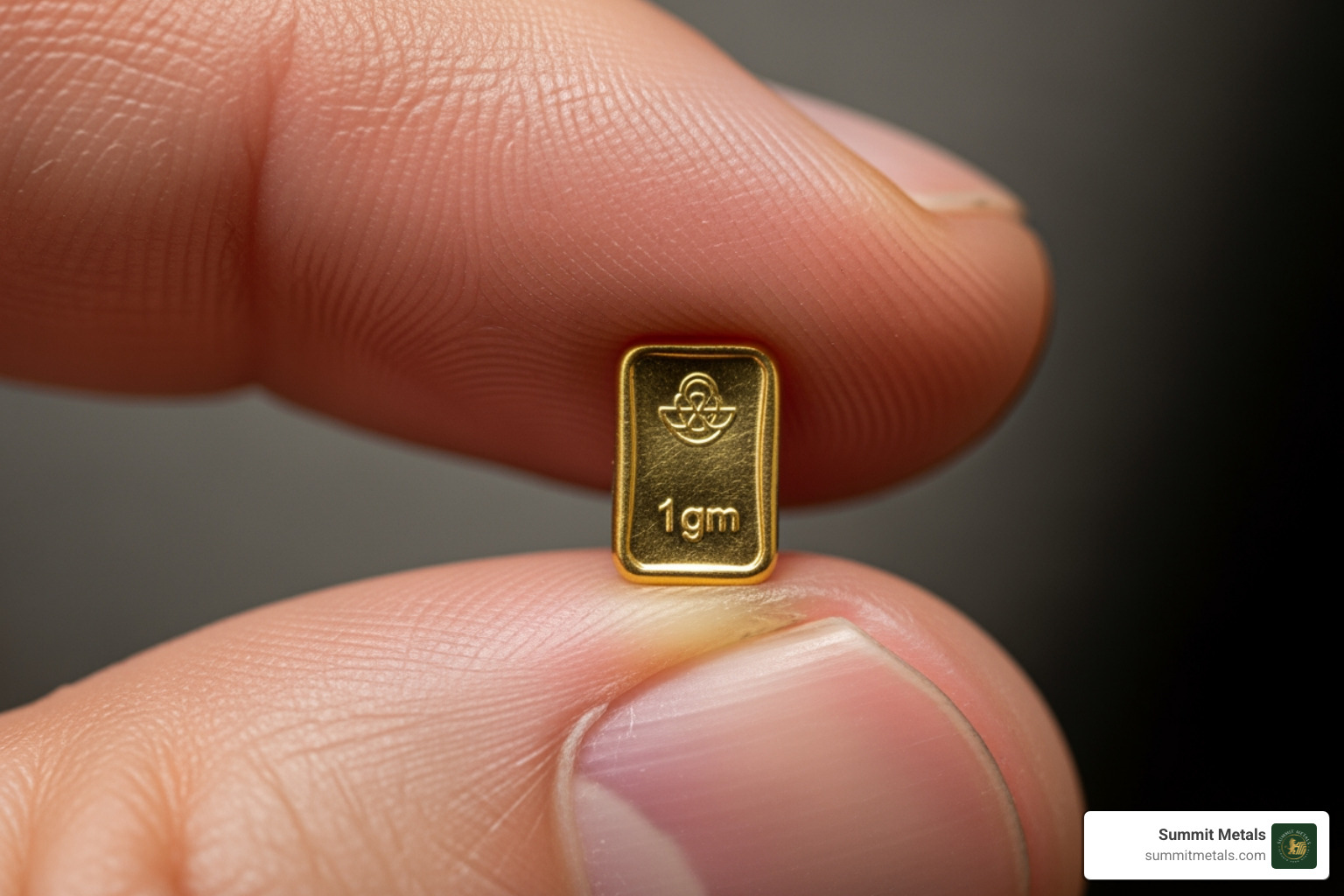 1 gram gold bar held between fingers - 1 gram gold bullion bars