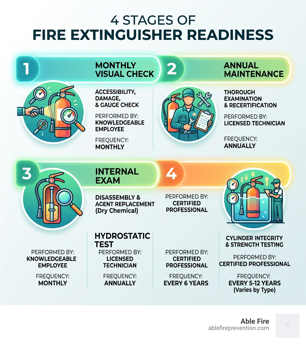 Infographic showing the 4 stages of fire extinguisher readiness: monthly visual check, annual maintenance, internal exam Infographic showing the 4 stages of fire extinguisher readiness: monthly visual check, annual maintenance, internal exam