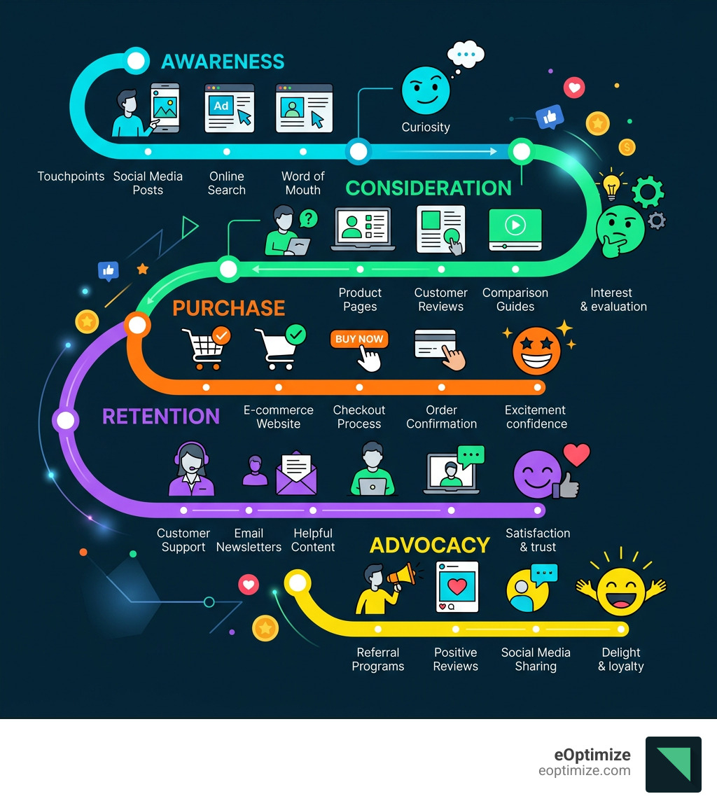 Customer journey lifecycle infographic showing stages from awareness to advocacy with touchpoints and emotions - Customer