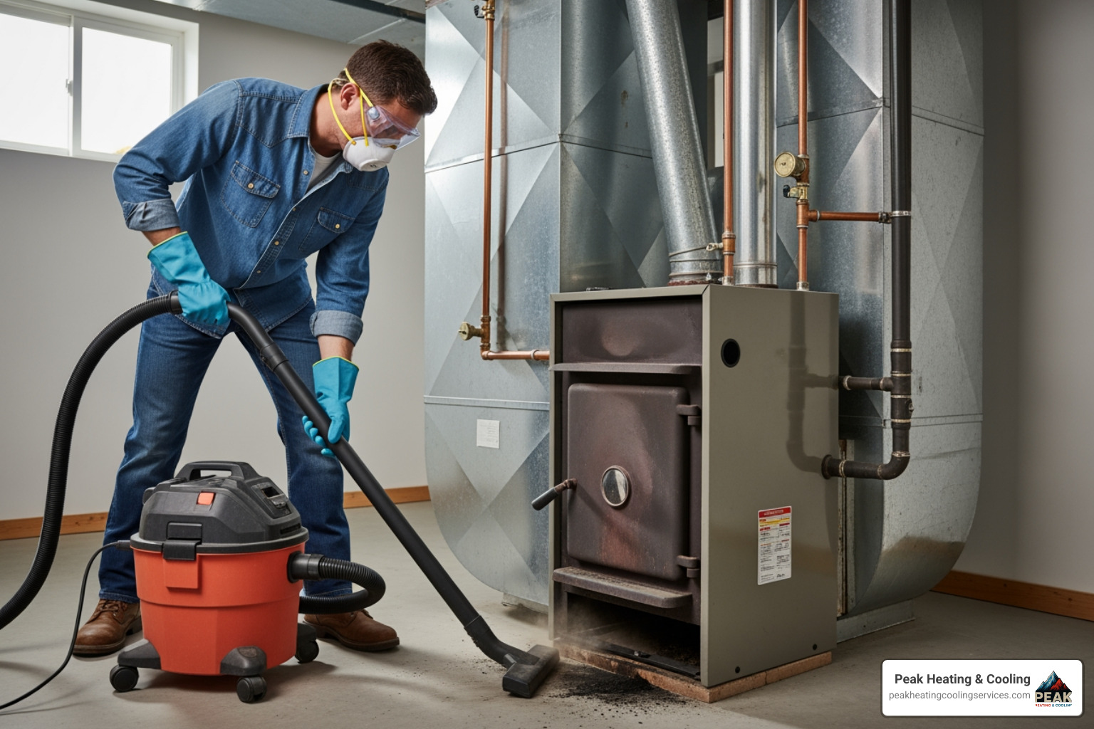 Homeowner wearing PPE and using a vacuum to clean around an oil furnace base - oil heater maintenance Homeowner wearing PPE and using a vacuum to clean around an oil furnace base - oil heater maintenance