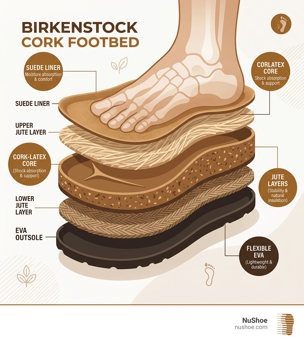 Anatomy of a Birkenstock cork footbed showing layers of jute and suede - Birkenstock footbed cleaning infographic 