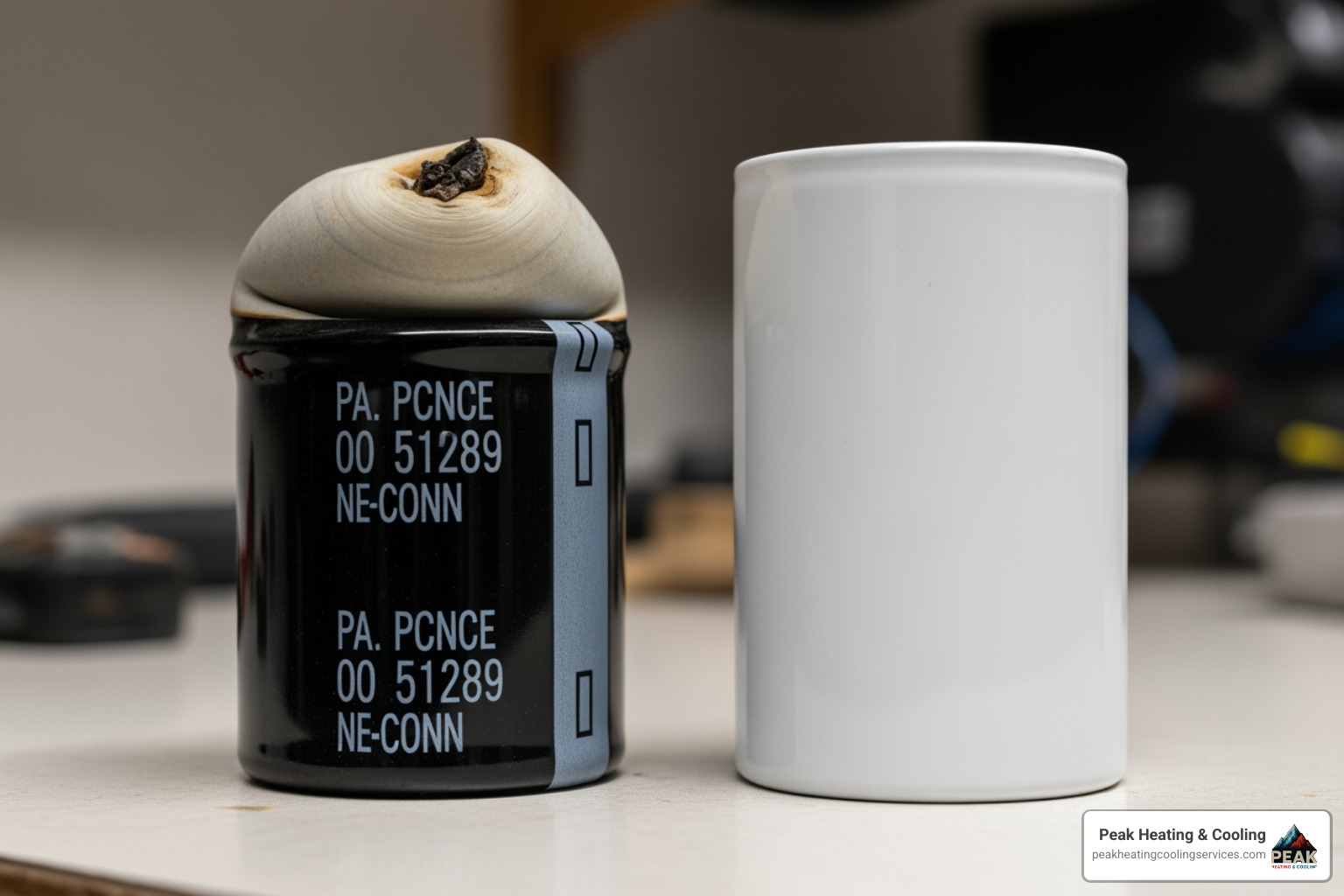 Close-up of a failed, bulging HVAC capacitor next to a new one - heat pump fan repair