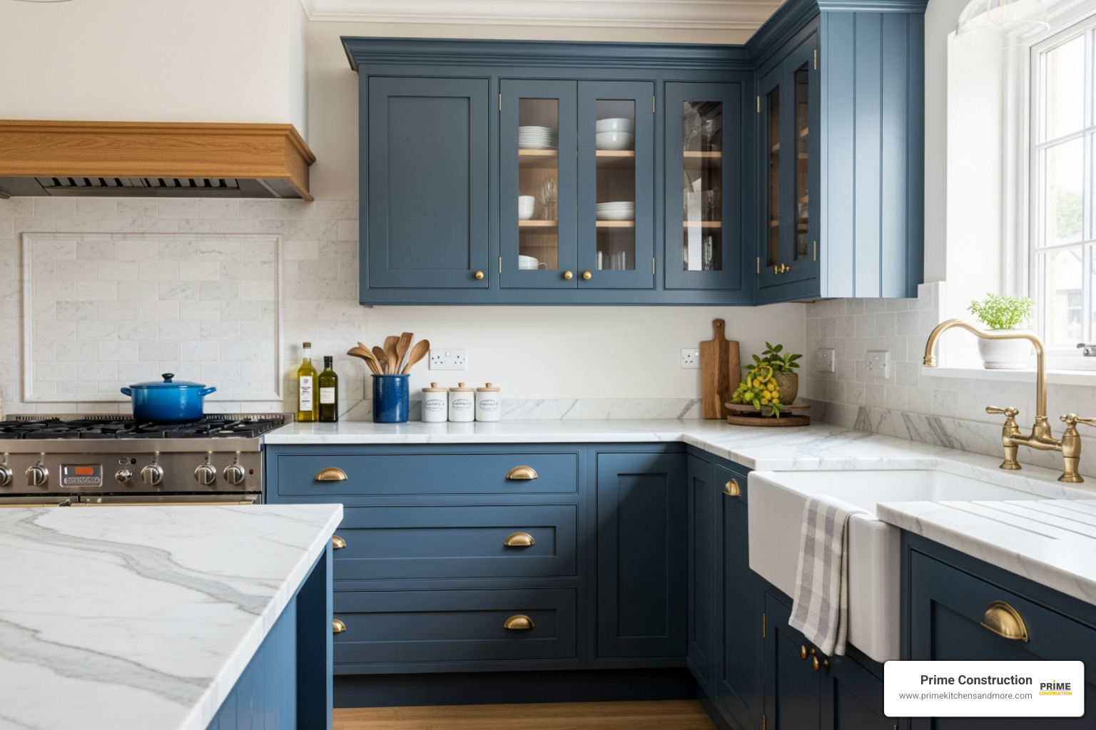 navy shaker cabinets in a bright traditional kitchen - blue traditional kitchen